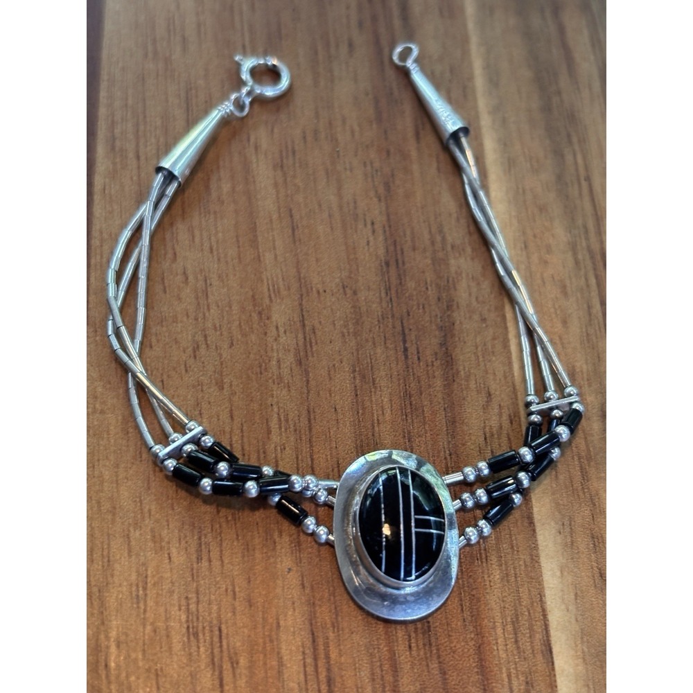 Vintage 7" Sterling Liquid Silver Onyx Bracelet